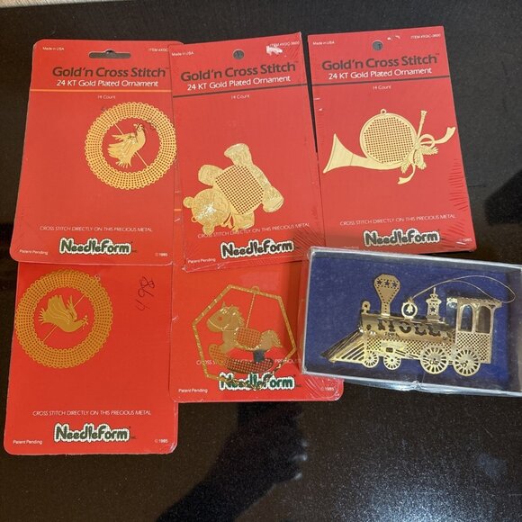 Gold’n Cross Stitch 24 Kt Gold Plated Ornament Lot Of 6 Christmas Needleform - Picture 1 of 8